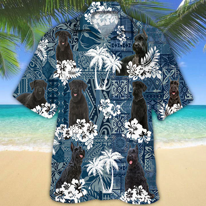 Giant Schnauzer Hawaiian Tropical Plants Pattern Blue And White All Over Printed 3D Hawaiian Shirt