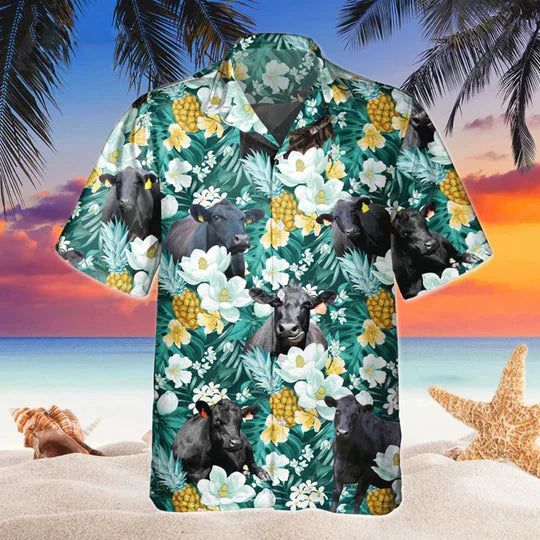 Gift For Cow Lovers, Black Angus Blue Floral Hawaiian Shirt, Vintage Hawaiian Shirt For Men, Women