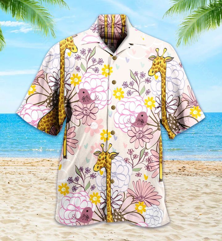 Giraffe Bird Floral Pink Hawaiian Shirt 3D Summer Gifts