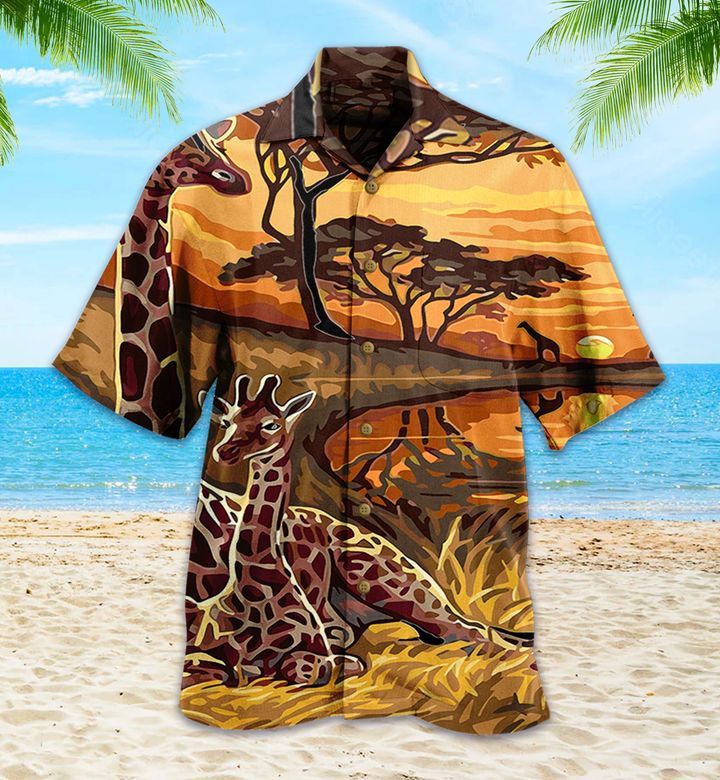 Giraffe Couple Sunset Orange Hawaiian Shirt 3D Summer Gifts