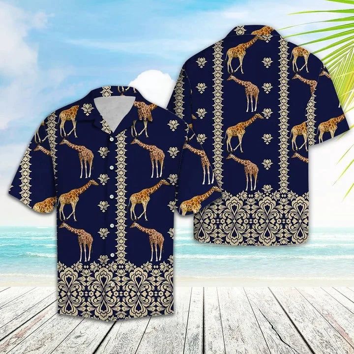 Giraffe Hawaii Shirt For Men Women, Giraffe Symbolic Art In Deep Blue Hawaiian Shirt