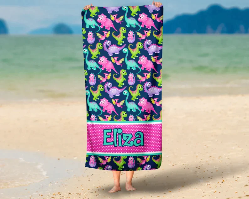 Girl Dinosaur Personalized Beach Towels Unique Birthday Vacation Gift