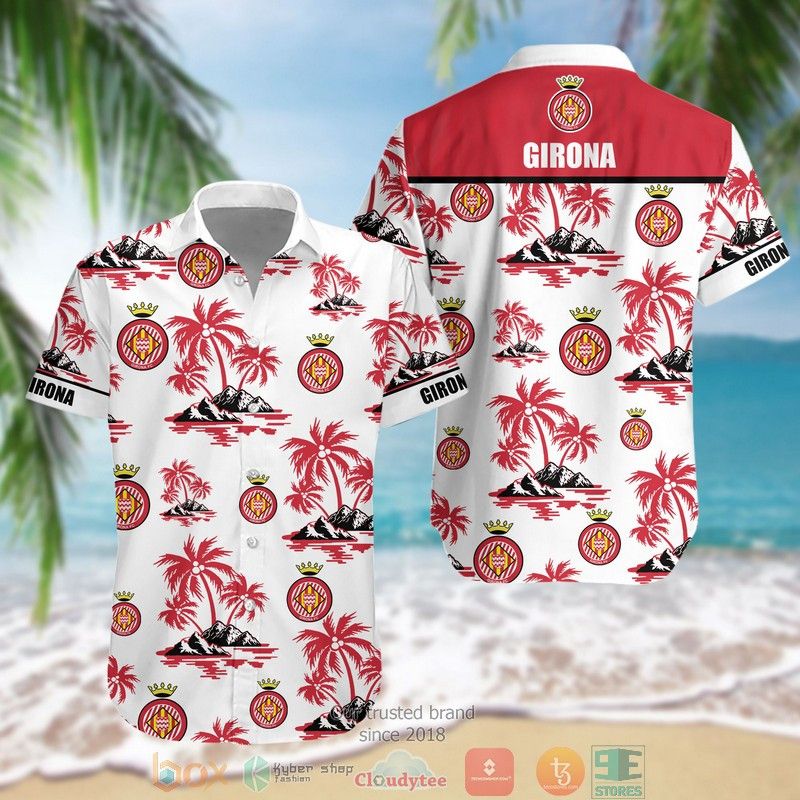 Girona Fc Coconut Tree Red White Hawaiian Shirt