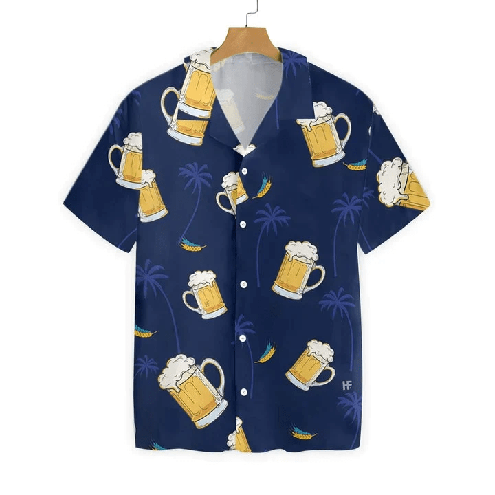 Glass Of Beer Cheers Palms At Night Design Trendy Hawaiian Shirt
