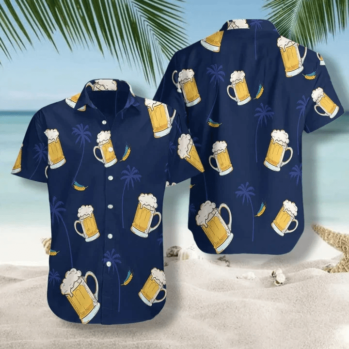 Glass Of Beer Cheers Palms At Night Design Trendy Hawaiian Shirt