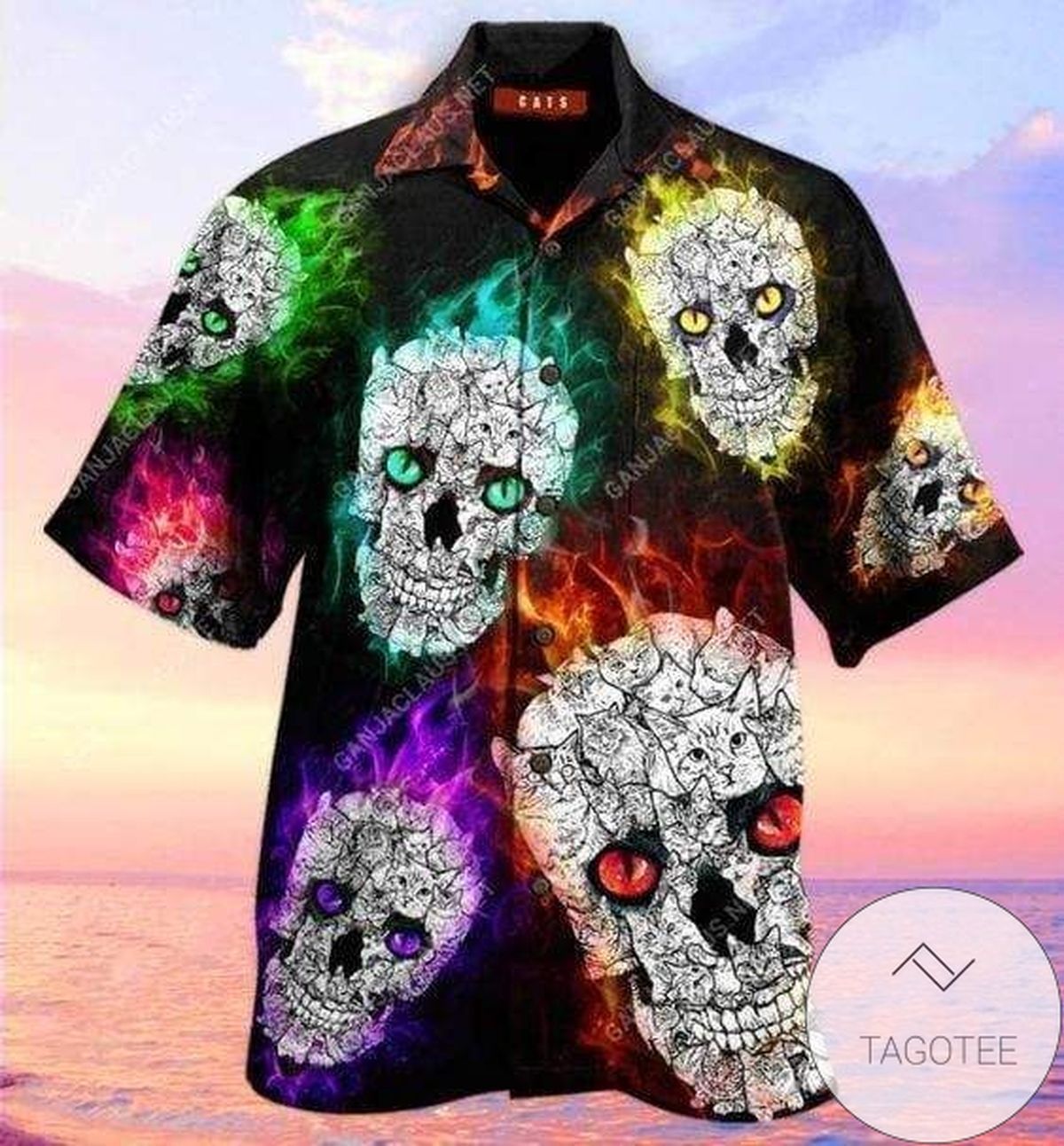 Glowing Cat Skull Illuminating the Dark in a Hawaiian Shirt