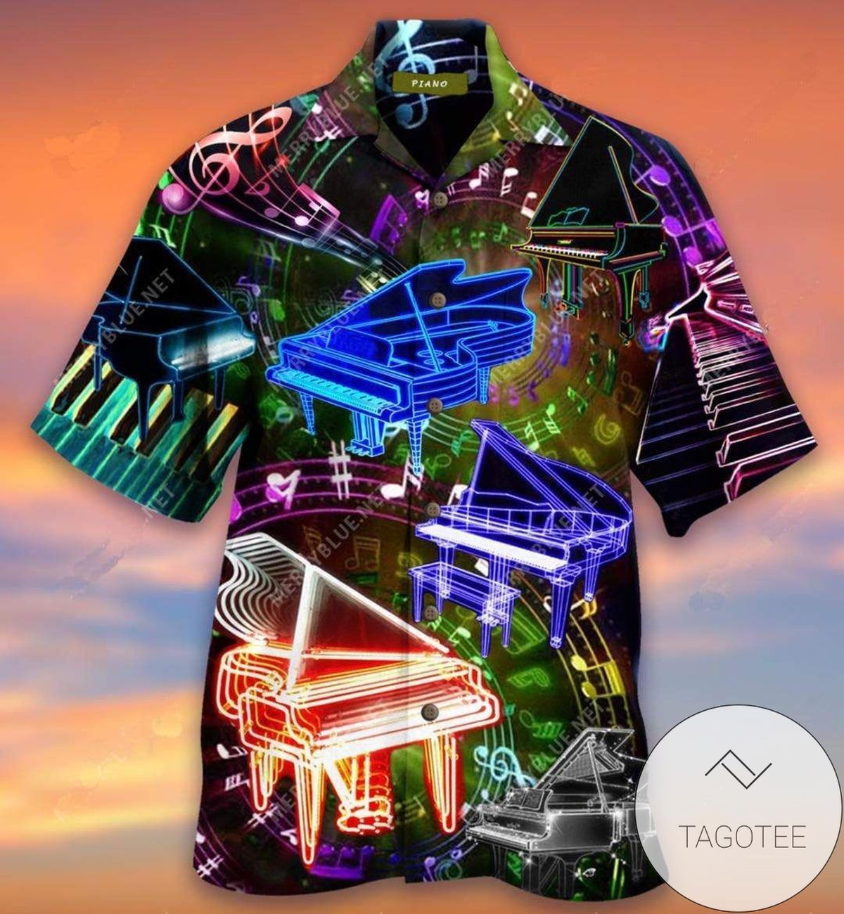 Glowing Colorful Piano Illustrations Embodying Hawaiian Shirt Design