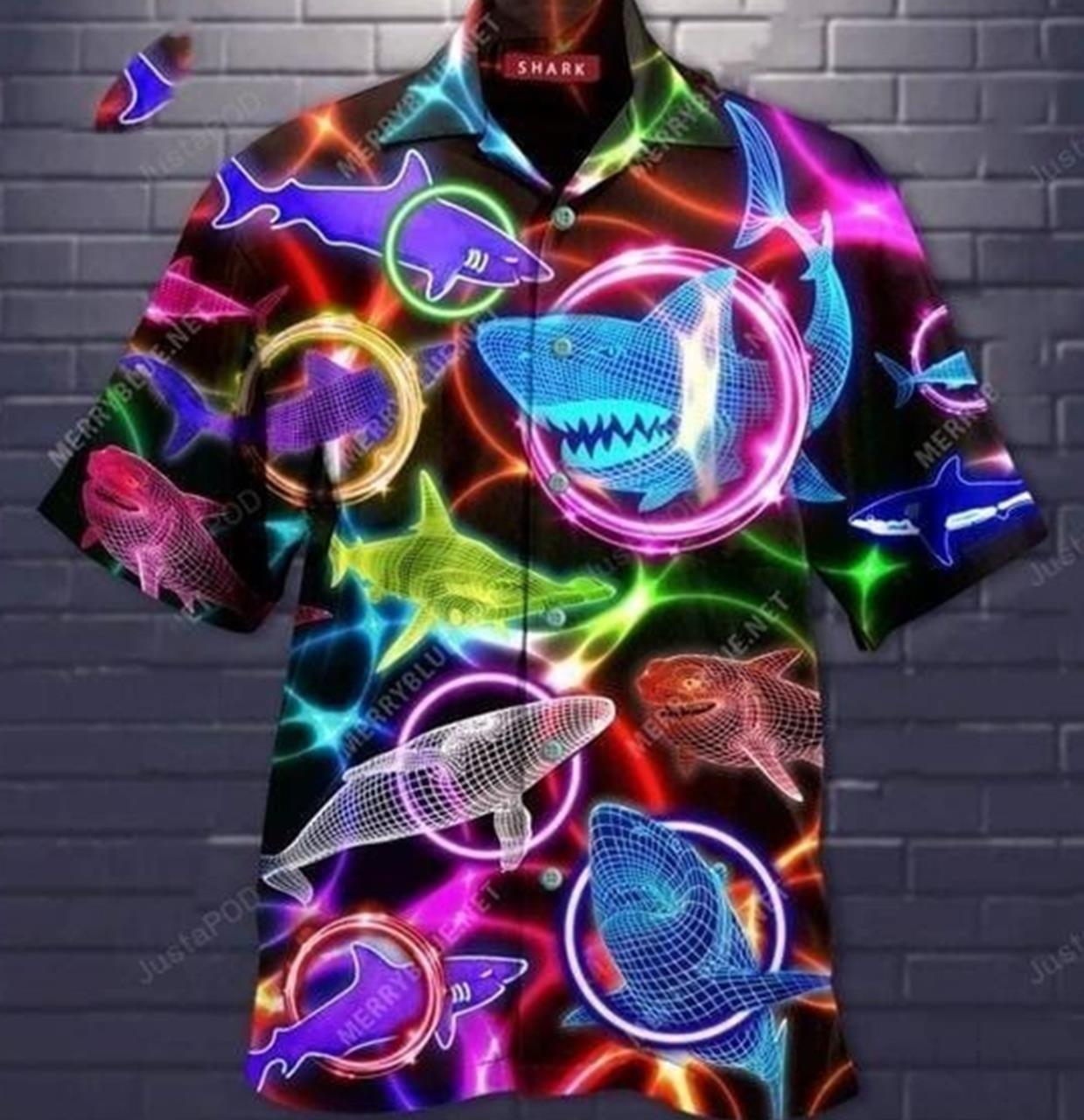 Glowing Shark Explores the Ocean Depths on Hawaiian Shirt