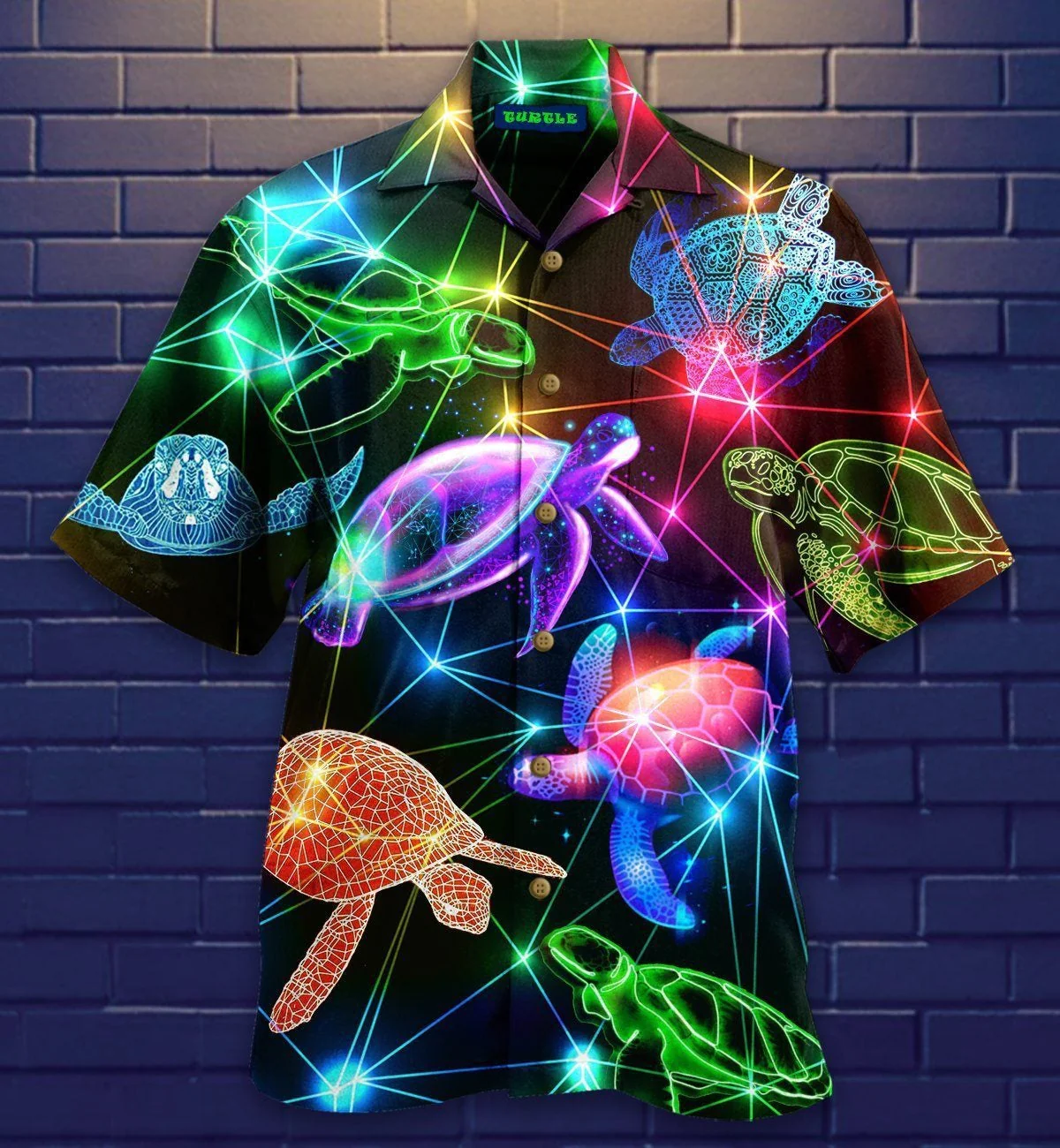 Glowing Turtle Design on Classic Hawaiian Shirt