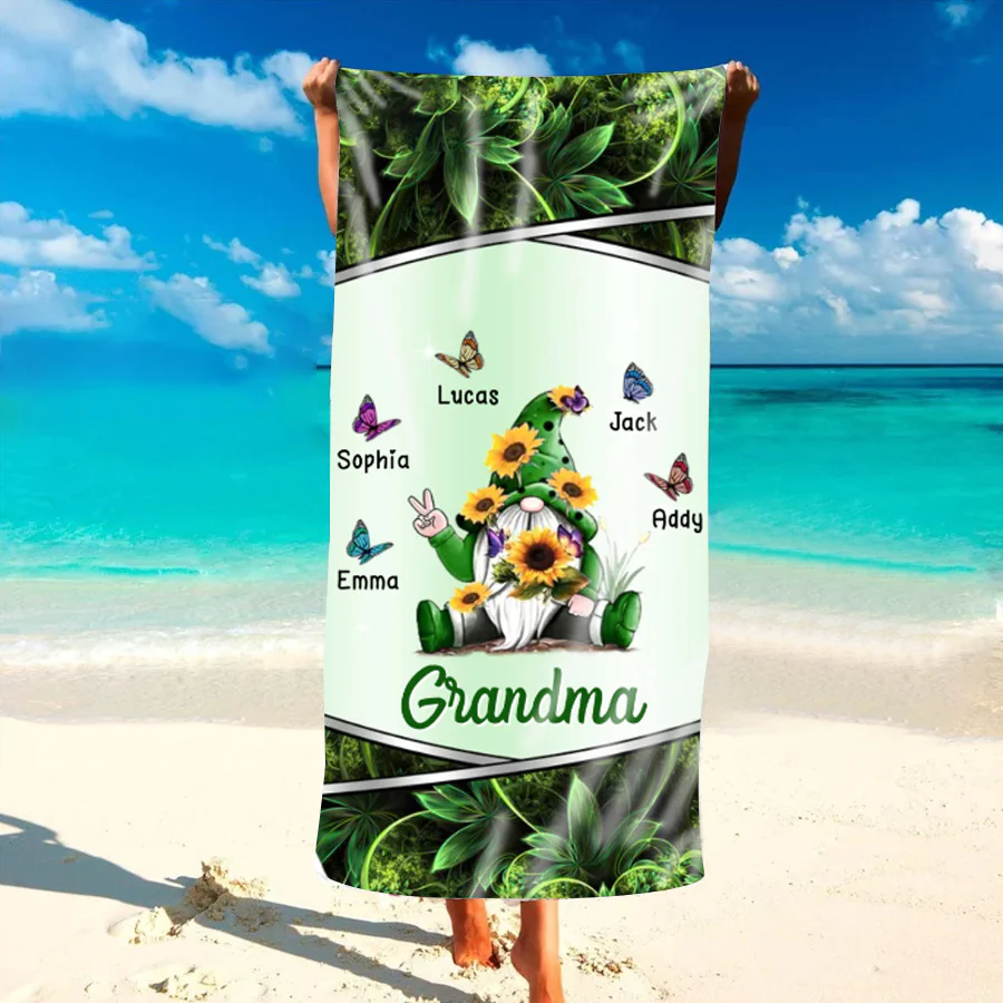 Gnome Sunflower Personalized Grandma Beach Towels Unique Summer Gift