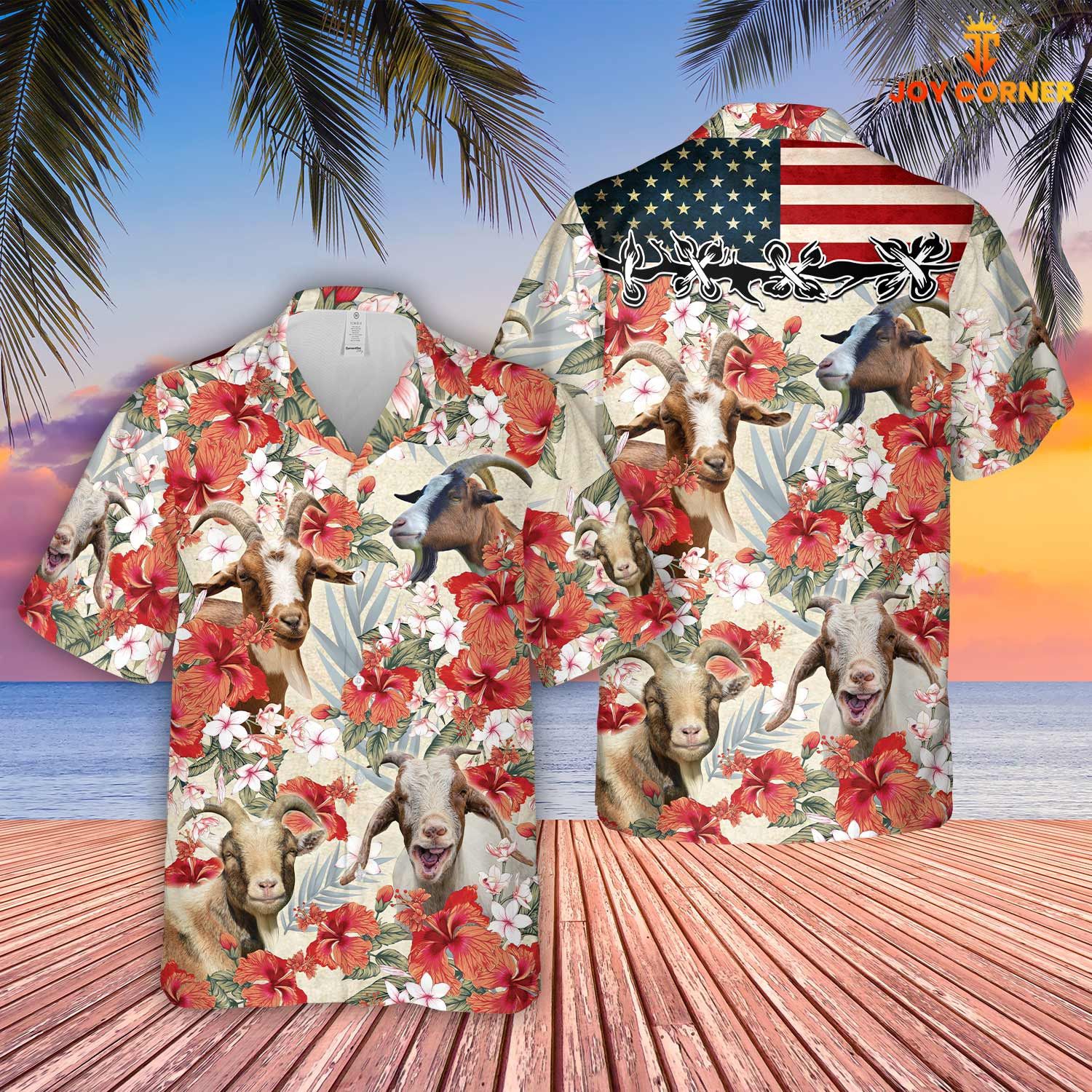 Goat Us Flag Floral Hibiscus 3D Hawaiian Shirt Stylish Print
