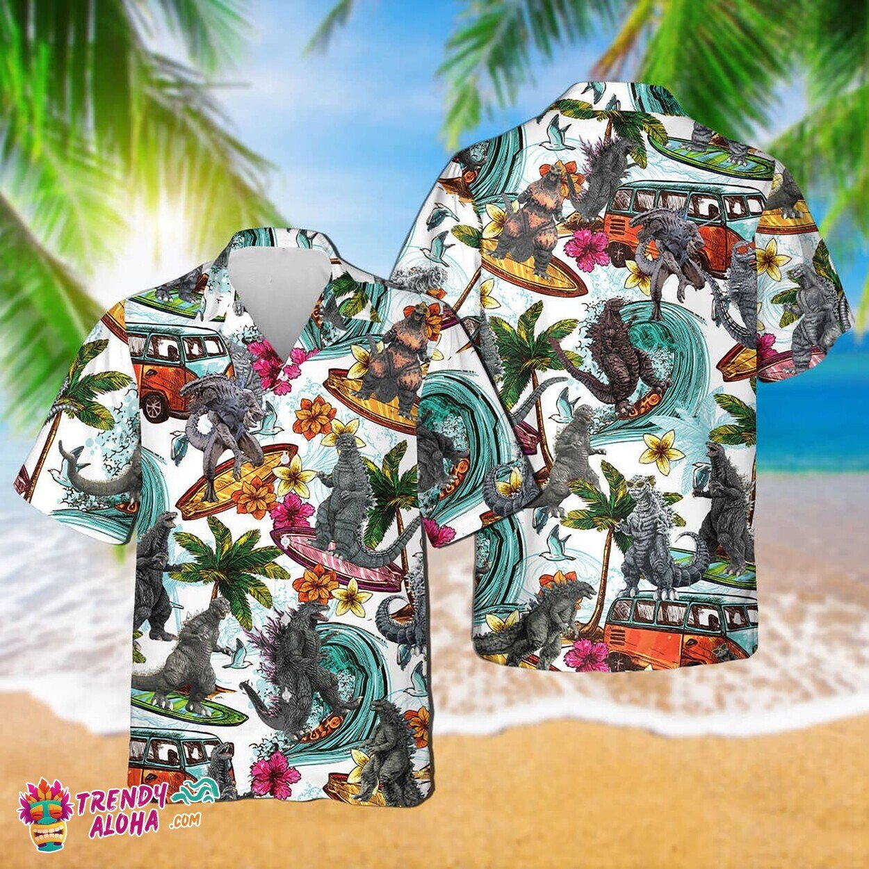 Godzilla World Vintage Hawaiian Tropical Button-Up Dad Gift Shirt