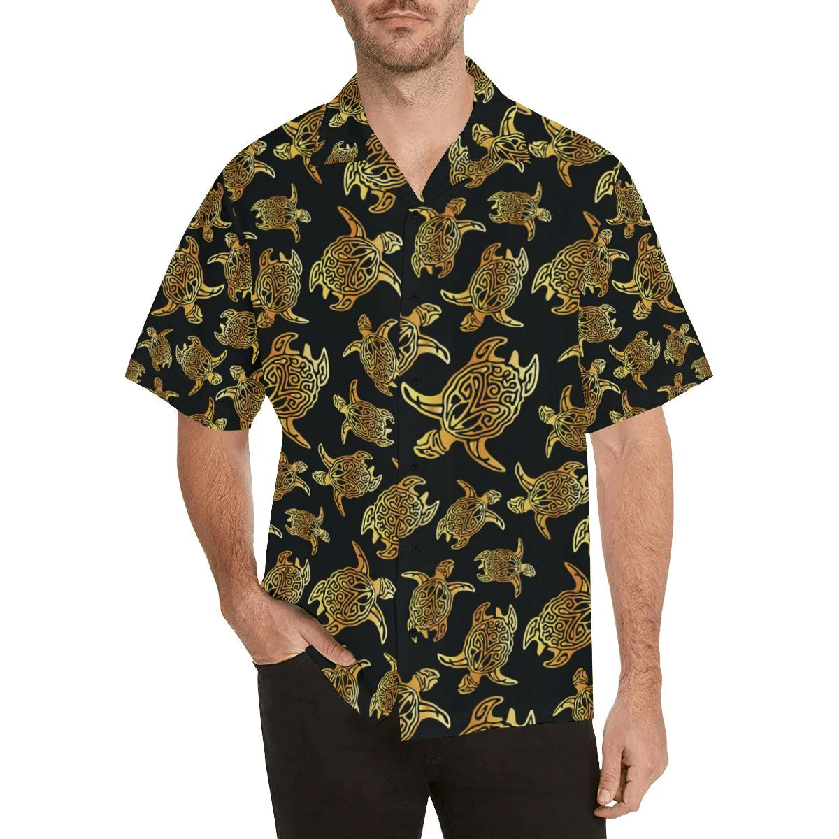 Gold Tribal Turtle Polynesian Themed Trendy Hawaiian Shirt, Turtle Lover Trendy Hawaiian Shirt For