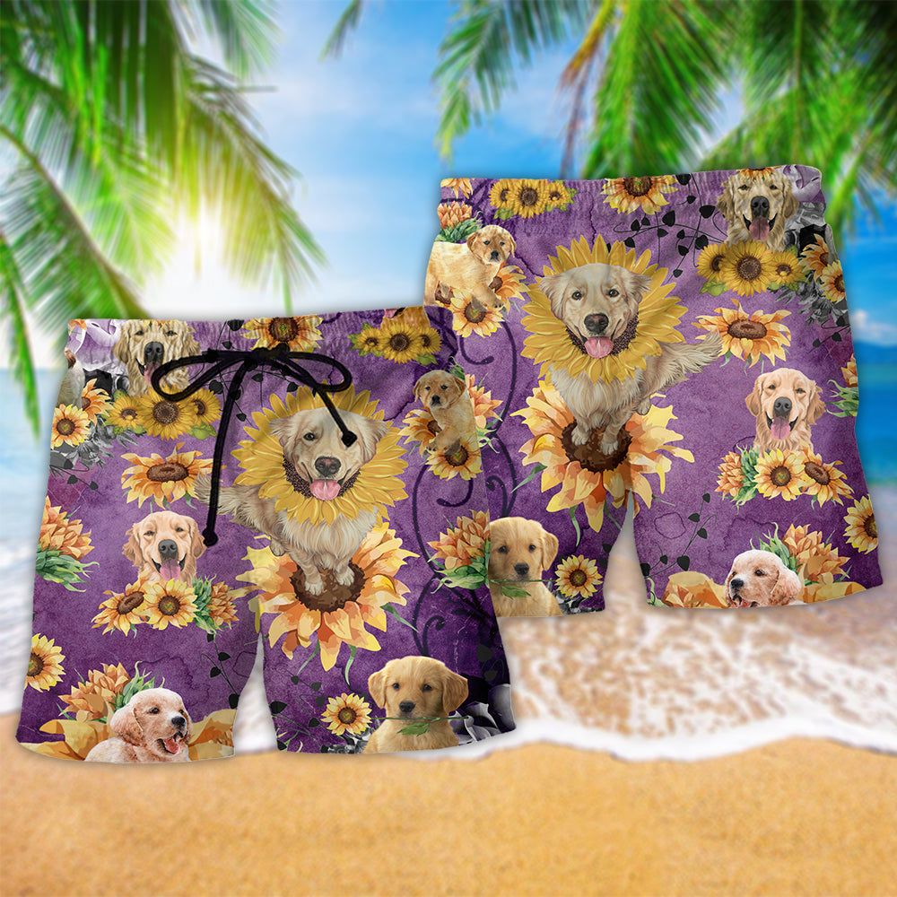 Golden Retriever Be A Sunflower Purple Trendy Aloha Hawaiian Beach Shorts