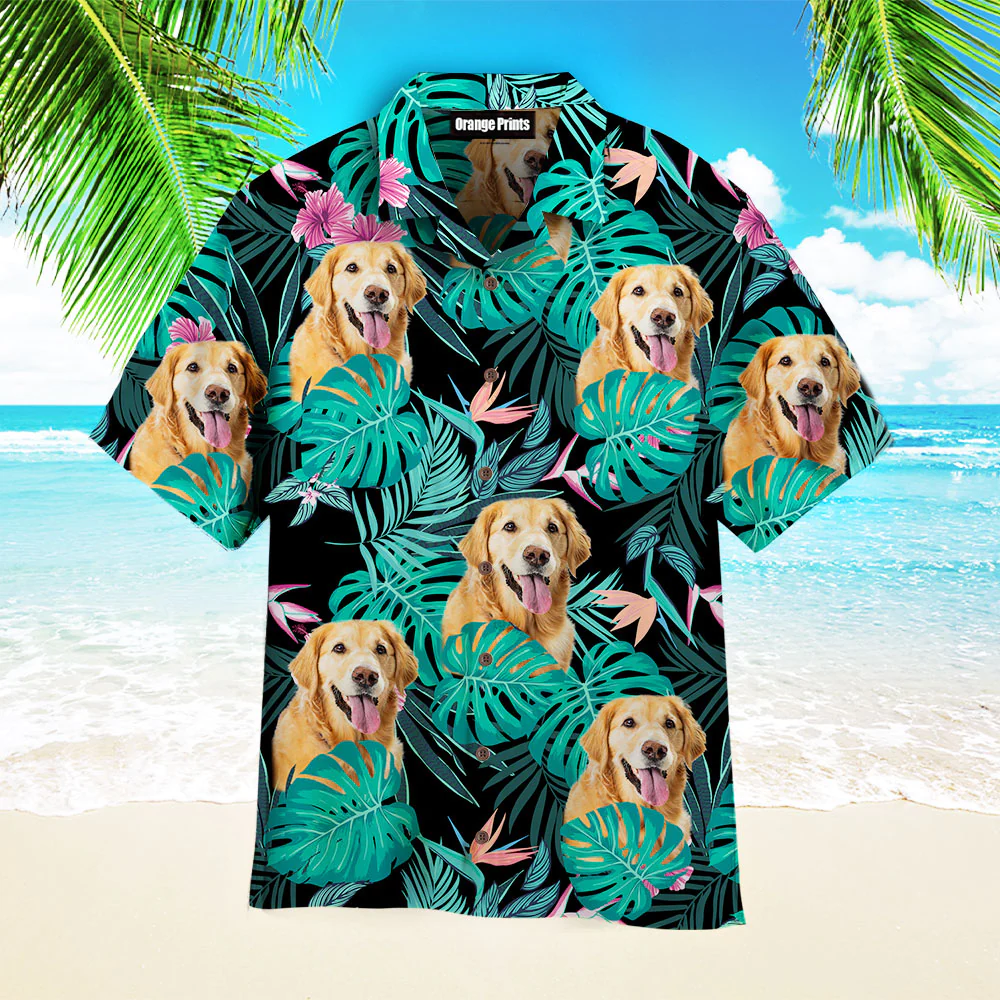 Golden Retriever Dog Palm Leaves Tropical Pattern Trendy Hawaiian Shirt