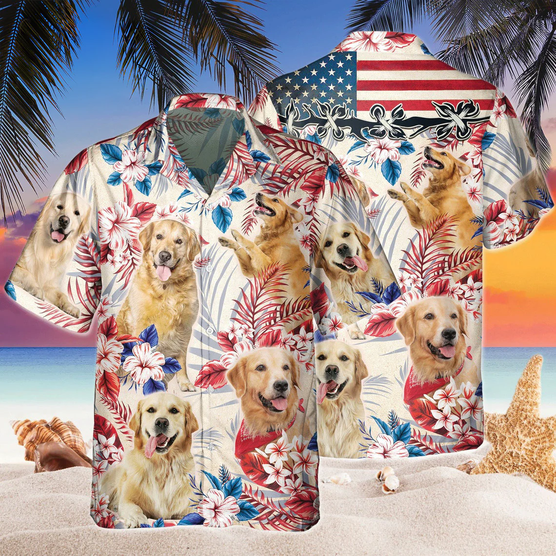 Golden Retriever Dog United States Flag Hawaiian Flowers All Over Printed 3D Hawaiian Shirt Golden Retriever Dog United States Flag Hawaiian Flowers All Over Printed 3D Hawaiian Shirt