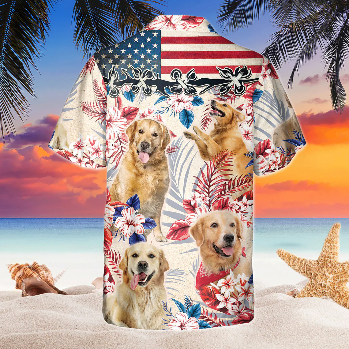 Golden Retriever Dog United States Flag Hawaiian Flowers All Over Printed 3D Hawaiian Shirt