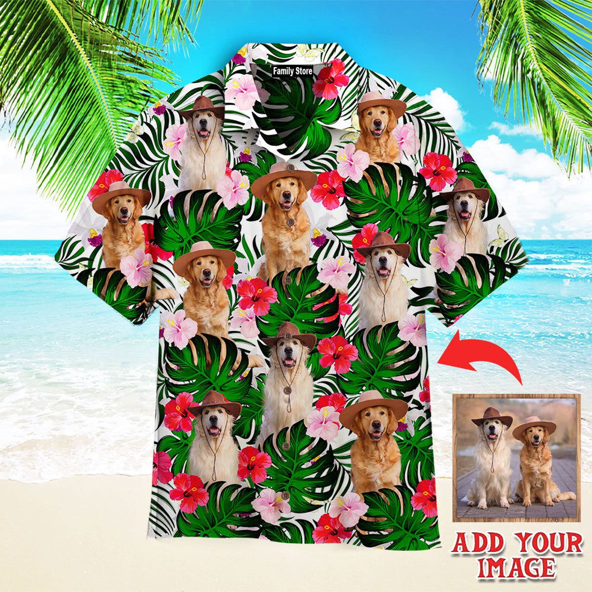 Golden Retriever Dogs Sitting Palm Leaves Custom Hawaiian Shirt