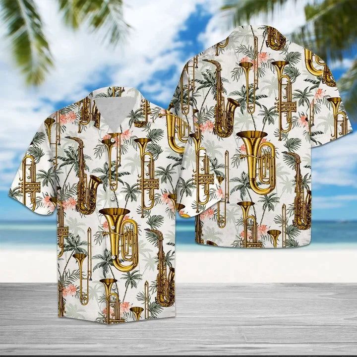 Golden Saxophone With Palm Trees In White Hawaiian Shirt Golden Saxophone With Palm Trees In White Hawaiian Shirt