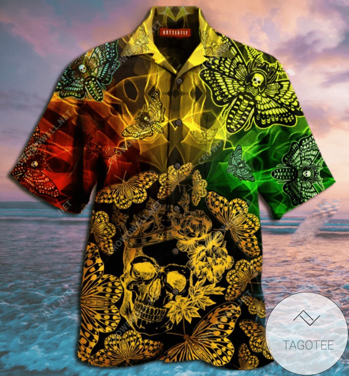 Golden Skull And Colorful Butterfly Hawaiian Unisex Shirts Hawaiian Shirt