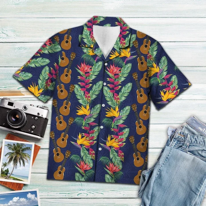 Golden Ukulele With Paradise Flowers And Leaves Trendy Hawaiian Shirt Golden Ukulele With Paradise Flowers And Leaves Trendy Hawaiian Shirt