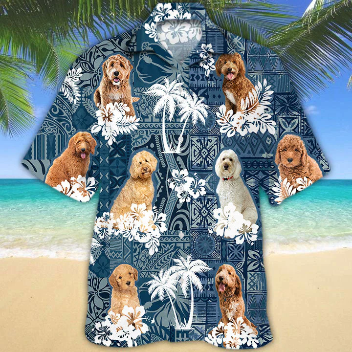 Goldendoodle Hawaiian Tropical Plants Pattern Blue Trendy Hawaiian Shirt