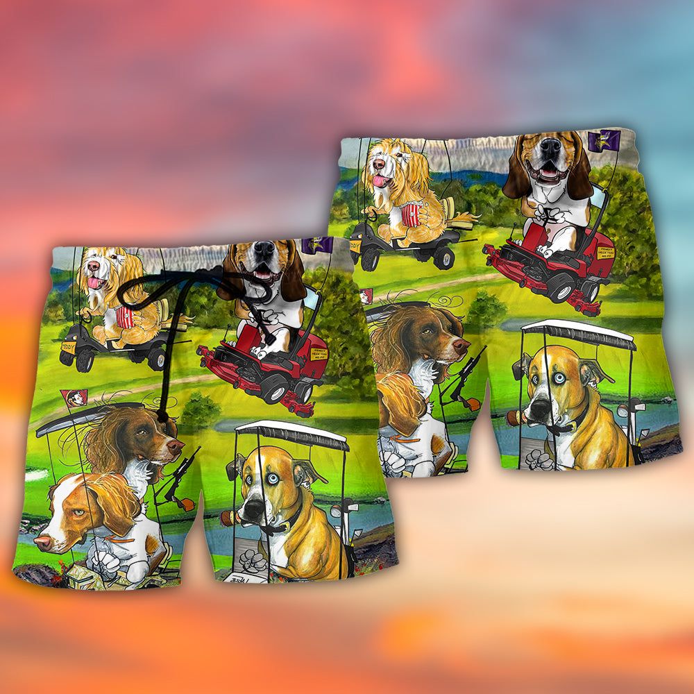 Golf Dog Driving Golf Cart Art Style Trendy Aloha Hawaiian Beach Shorts