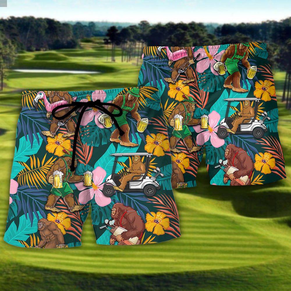 Golf Funny Bigfoot Playing Golf Golf And Beer Tropical Lover Trendy Aloha Hawaiian Beach Shorts