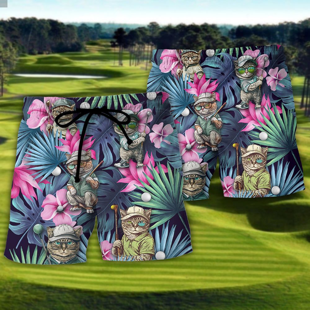 Golf Funny Cat Playing Golf Kiss My Putt Tropical Golf Lover Trendy Aloha Hawaiian Beach Shorts