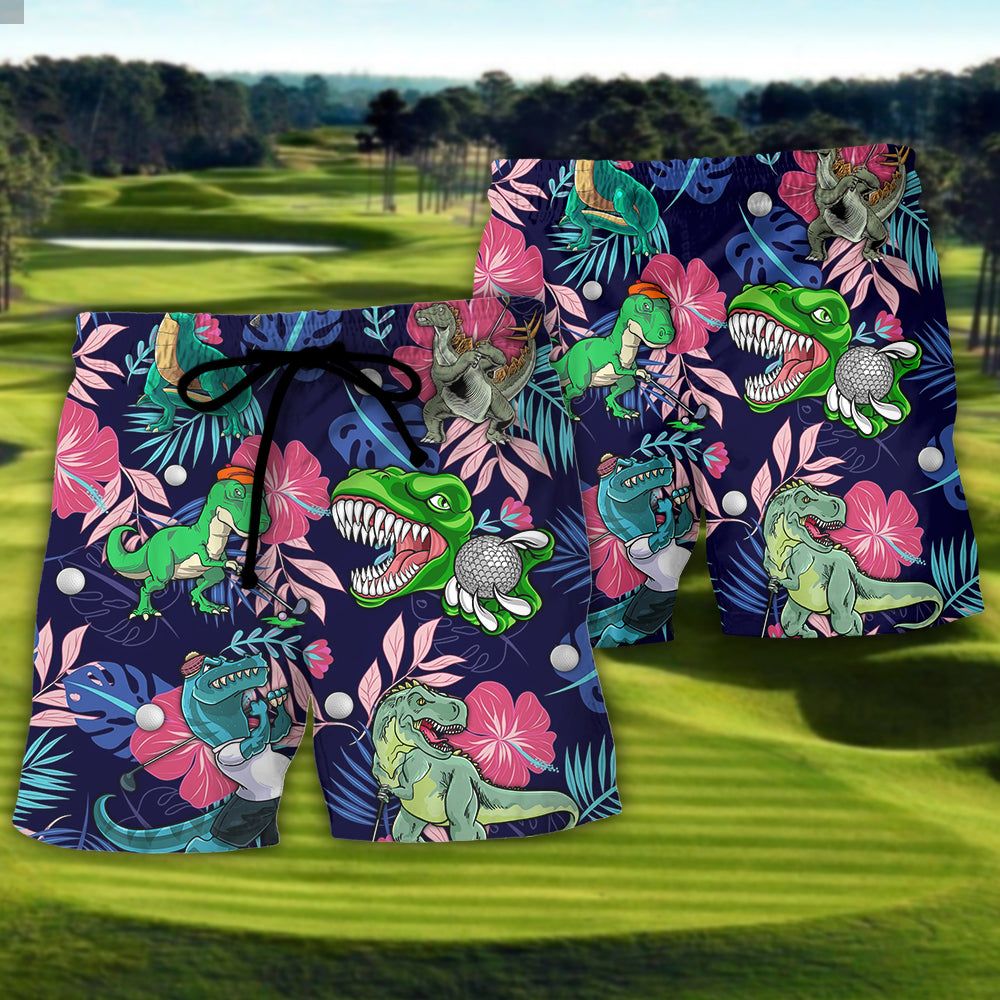 Golf Funny Dinosaur Playing Golf Back Nines Matter Tropical Golf Lover Trendy Aloha Hawaiian Beach Shorts