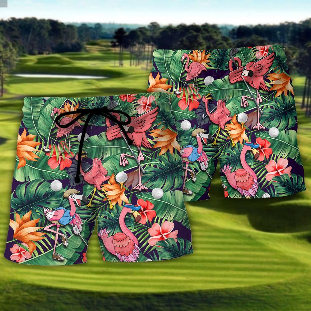 Golf Funny Flamingo Playing Golf Talk Birdie To Me Tropical Golf Lover Trendy Aloha Hawaiian Beach Shorts