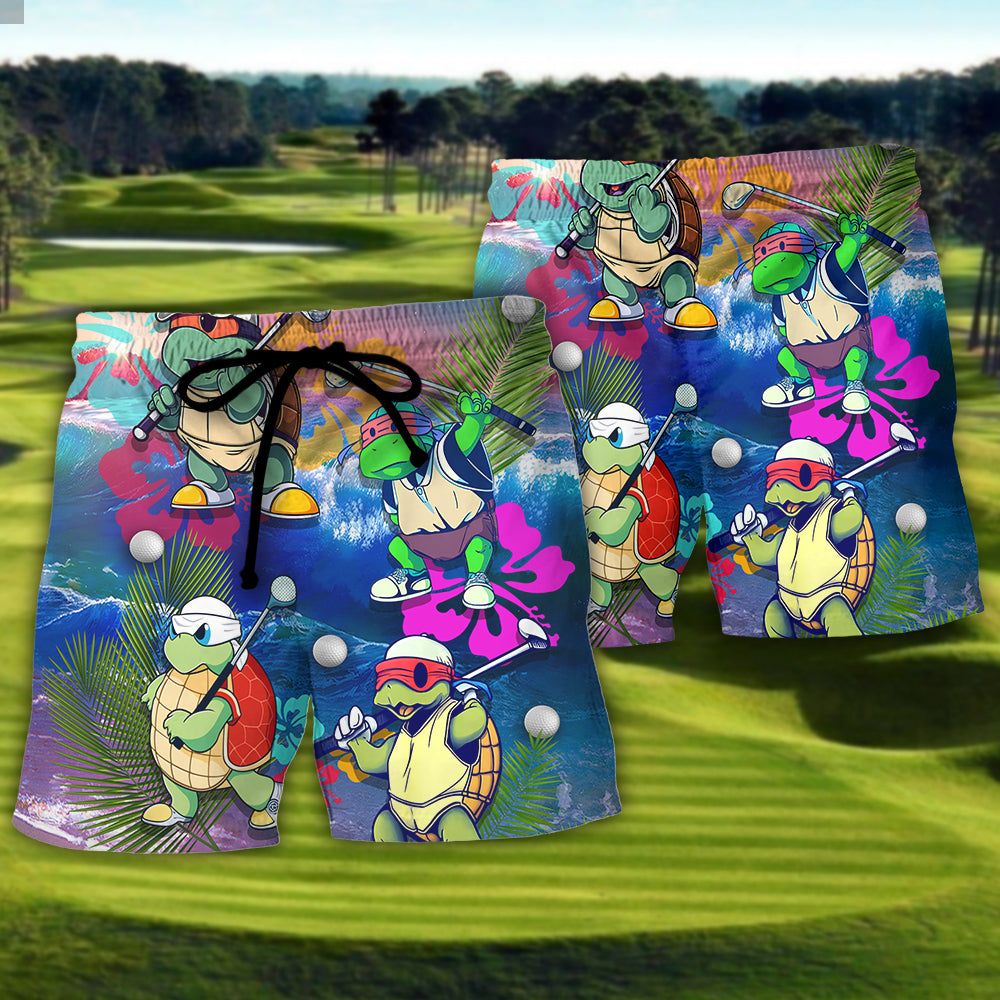 Golf Funny Turtle Playing Golf In The Beach I’D Tap That Golf Lover Trendy Aloha Hawaiian Beach Shorts