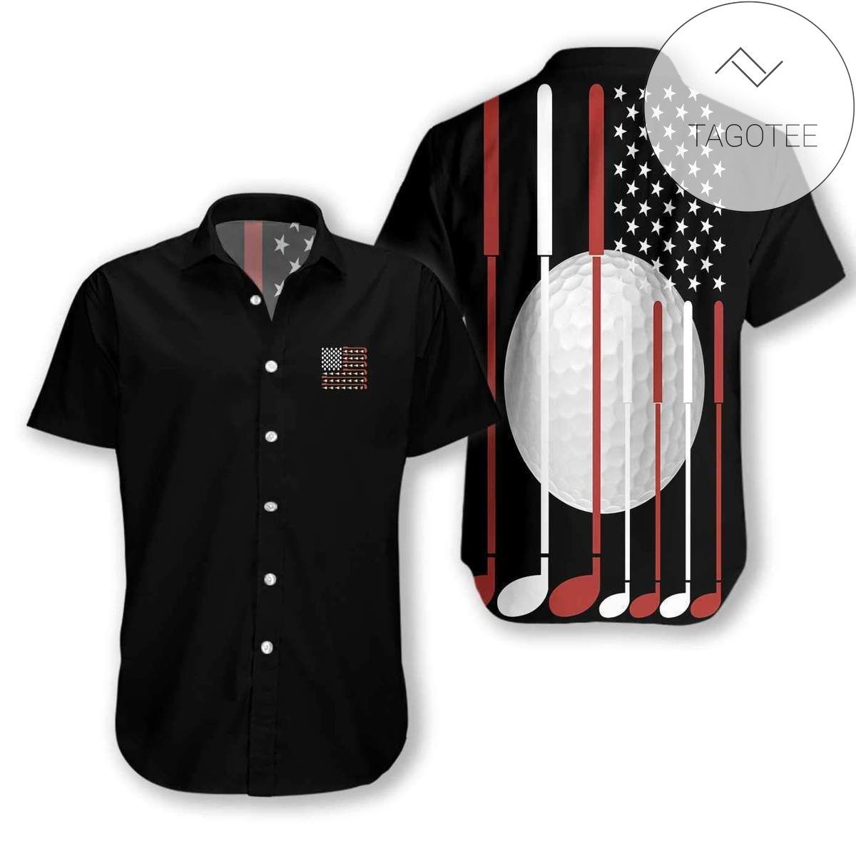 Golfer Waves American Flag Proudly on Hawaiian Shirt Design