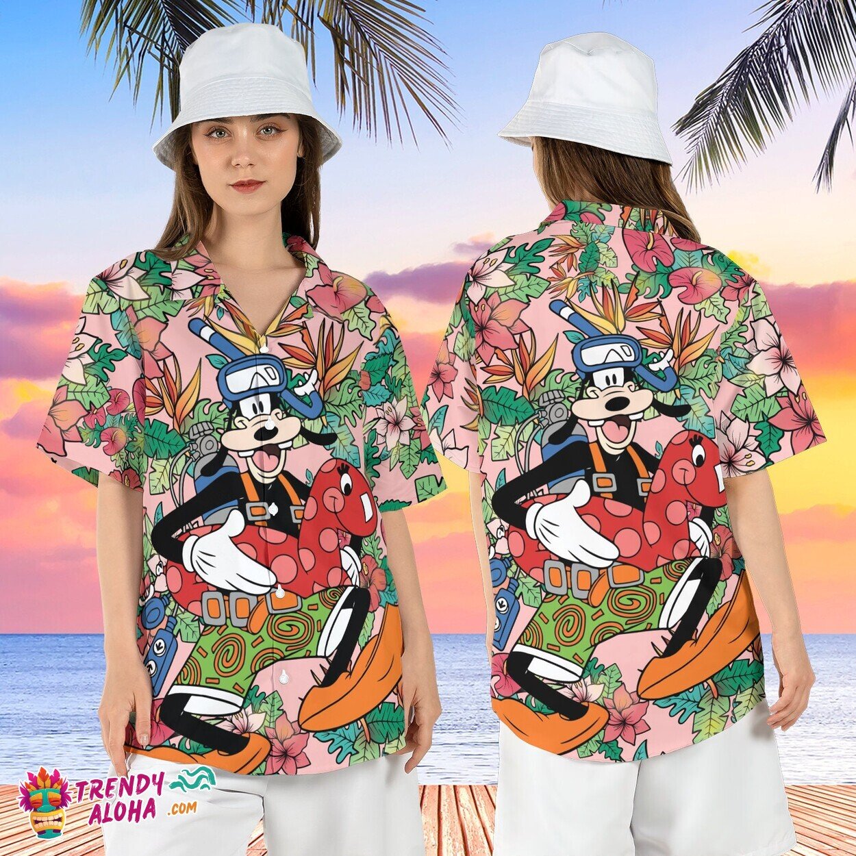 Goofy Dive Movie Disney Hibiscus Tropical Beach Aloha Shirt