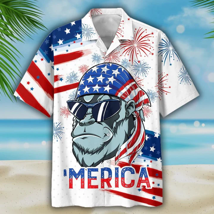 Gorila Trendy Hawaiian Shirt For Independence’s Day, Usa Flag Pattern Merica Trendy Hawaiian Shirt, Patriotic Hawaii Shirt