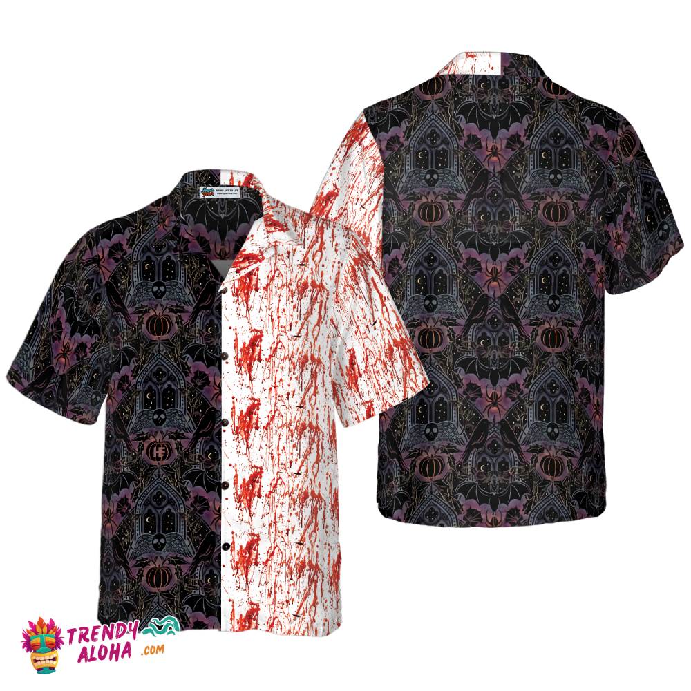 Gothic Halloween Blood Hawaiian Shirt For Men, Satanic Bat And Spider Goth Hawaiian Shirt