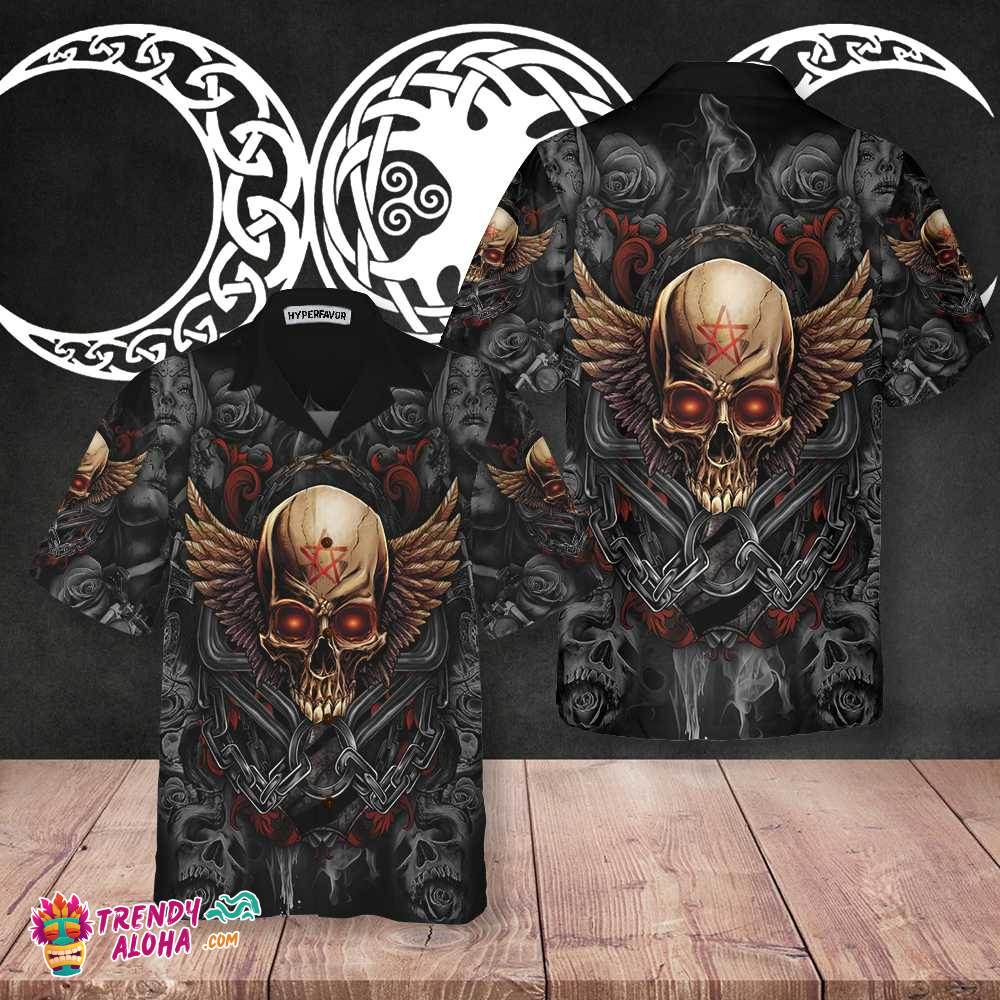 Gothic Skull Biker Hawaiian Shirt, Pentagrama Skull Goth Shirt For Men And Women
