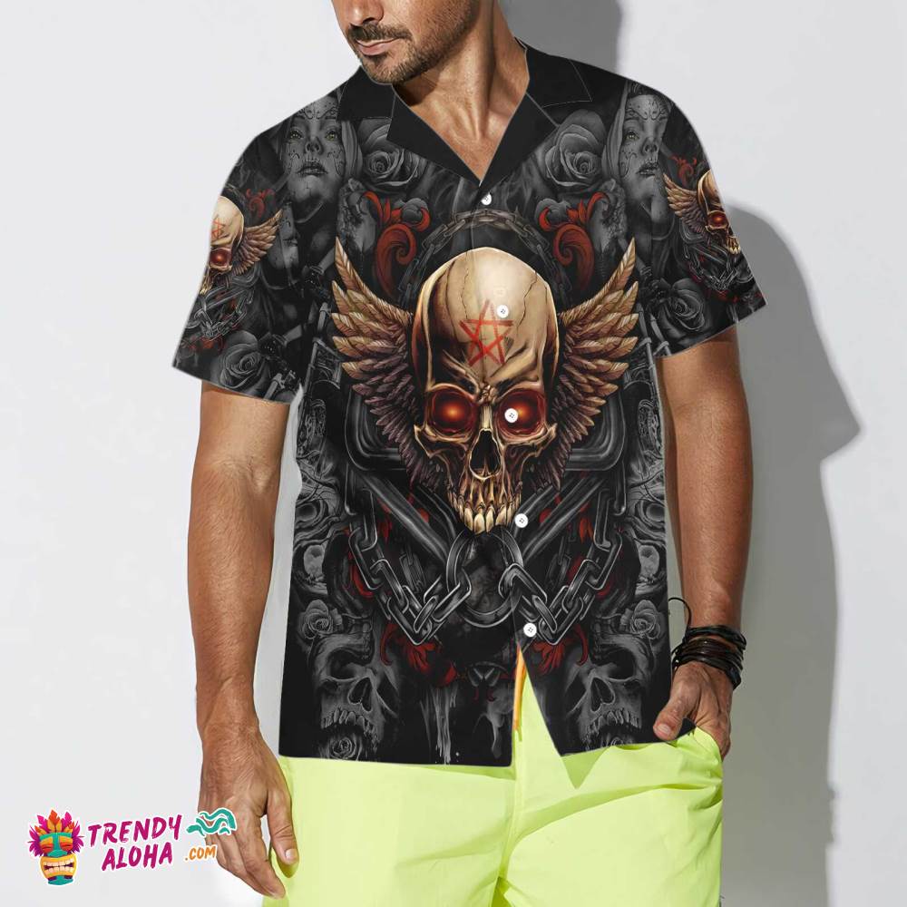 Gothic Skull Biker Hawaiian Shirt, Pentagrama Skull Goth Shirt For Men And Women Gothic Skull Biker Hawaiian Shirt, Pentagrama Skull Goth Shirt For Men And Women