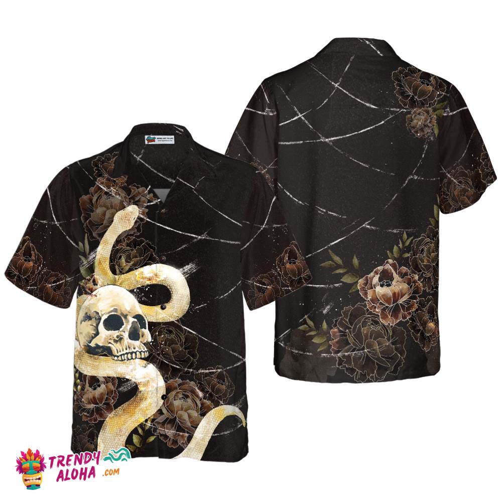 Gothic Skull With Snake Hawaiian Shirt For Men, Black Peony Flowers Goth Hawaiian Shirt