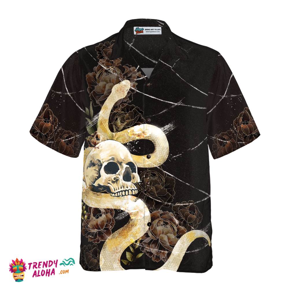 Gothic Skull With Snake Hawaiian Shirt For Men, Black Peony Flowers Goth Hawaiian Shirt