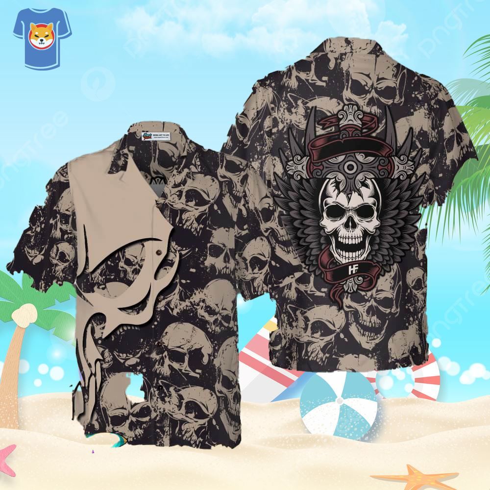 Gothic Winged Skull 3D Hawaiian Shirt Black And White Skull Pattern 3D Hawaiian Shirt
