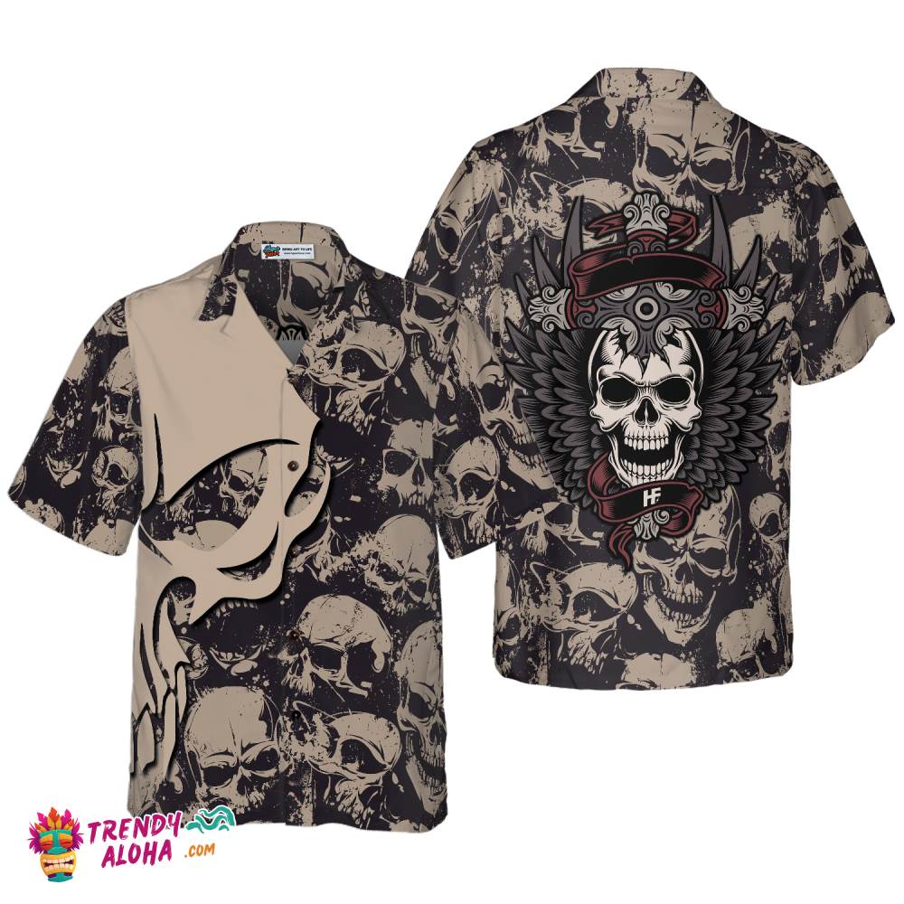 Gothic Winged Skull Hawaiian Shirt, Black And White Skull Pattern Hawaiian Shirt