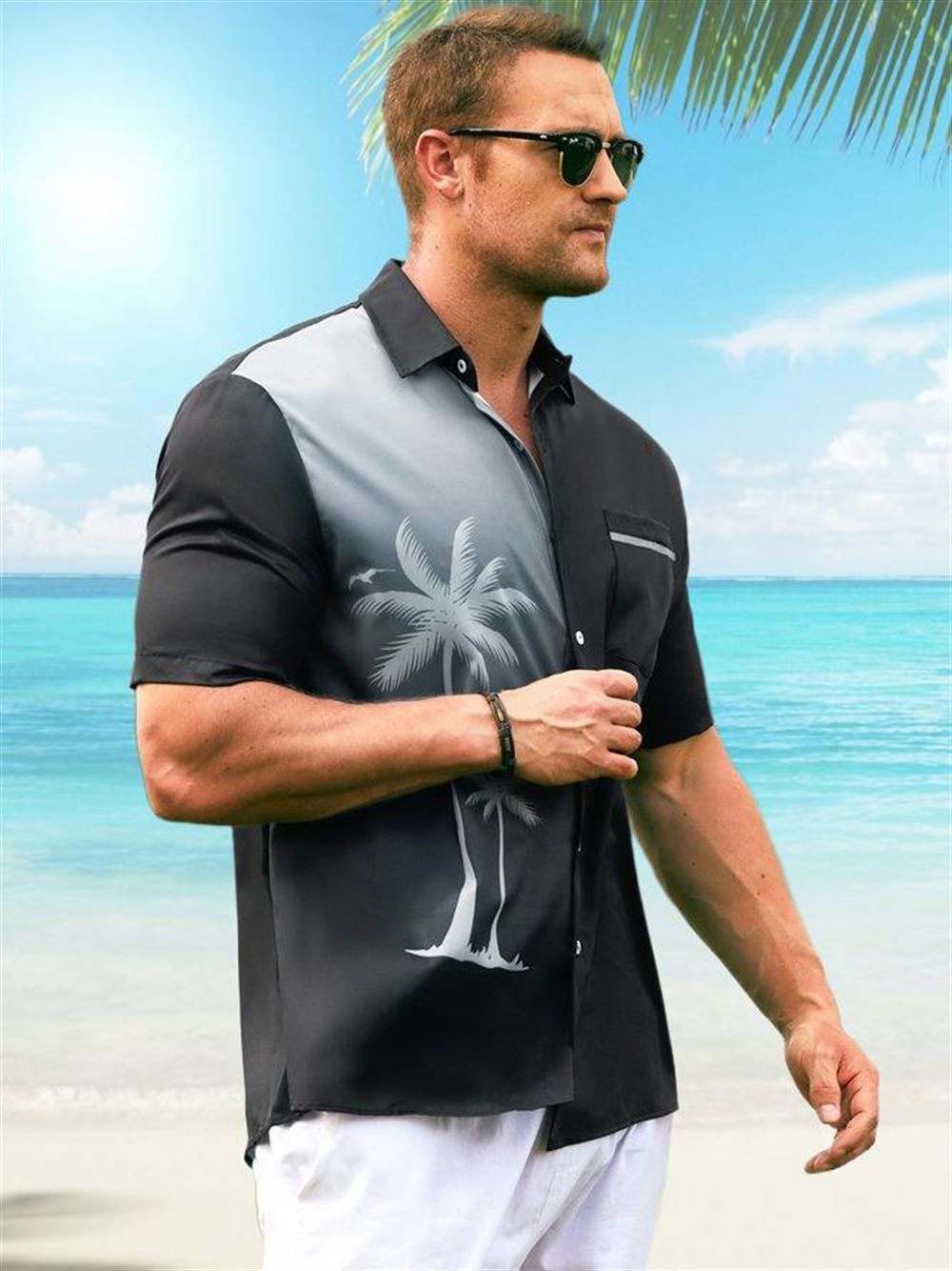 Gradient Coconut Tree Chest Pocket Hawaiian Shirt