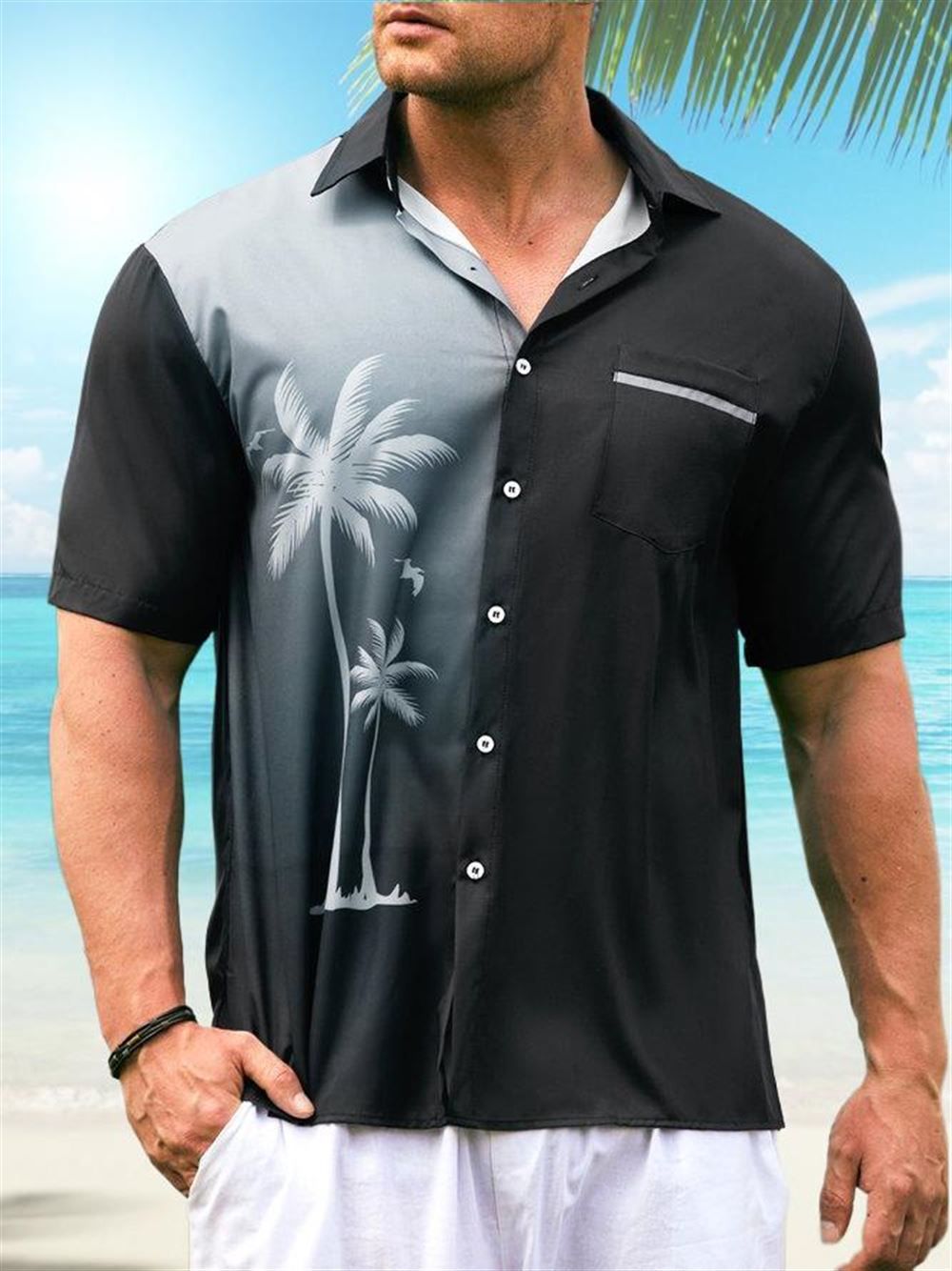 Gradient Coconut Tree Chest Pocket Hawaiian Shirt Gradient Coconut Tree Chest Pocket Hawaiian Shirt