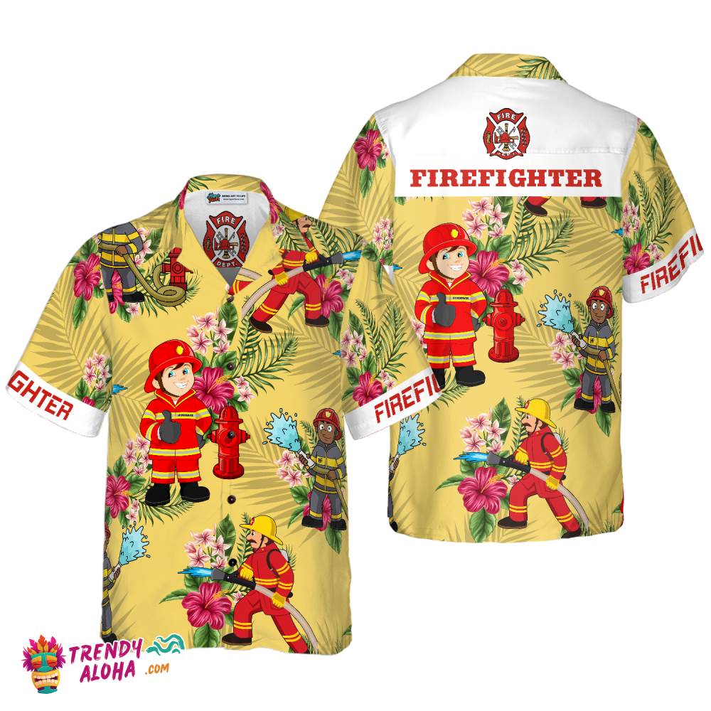 Graphic Proud Firefighter Hawaiian Shirt, Cream Tropical Floral Firefighter Shirt For Men Graphic Proud Firefighter Hawaiian Shirt, Cream Tropical Floral Firefighter Shirt For Men