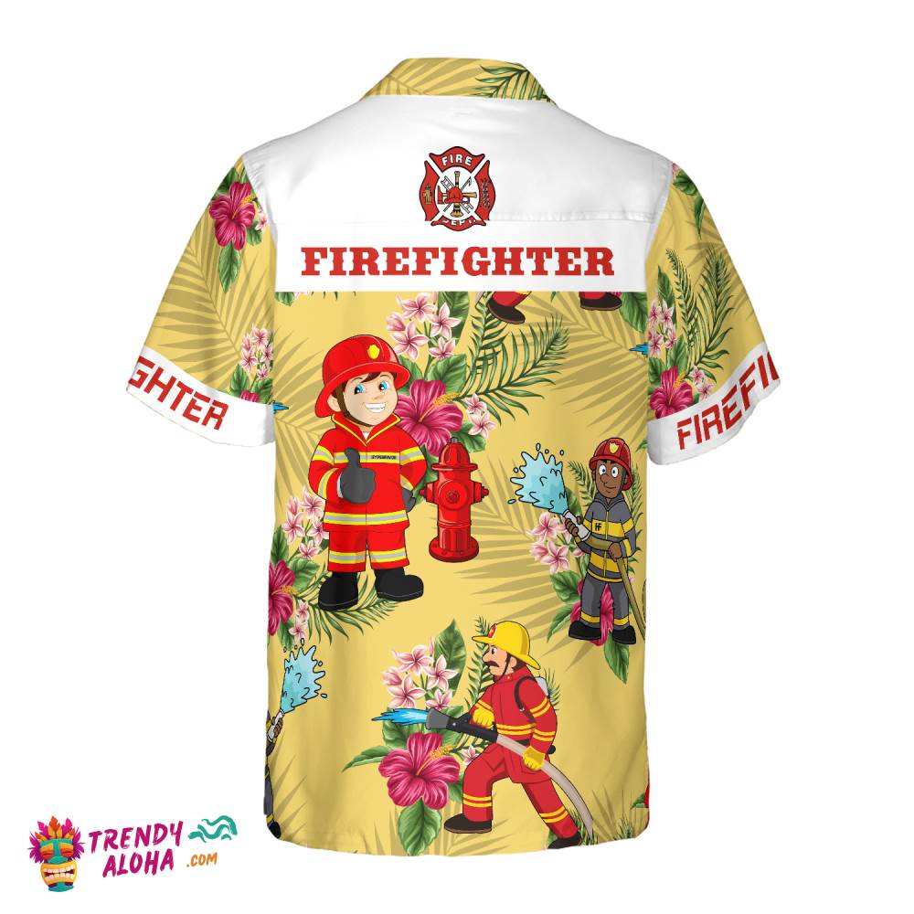 Graphic Proud Firefighter Hawaiian Shirt, Cream Tropical Floral Firefighter Shirt For Men