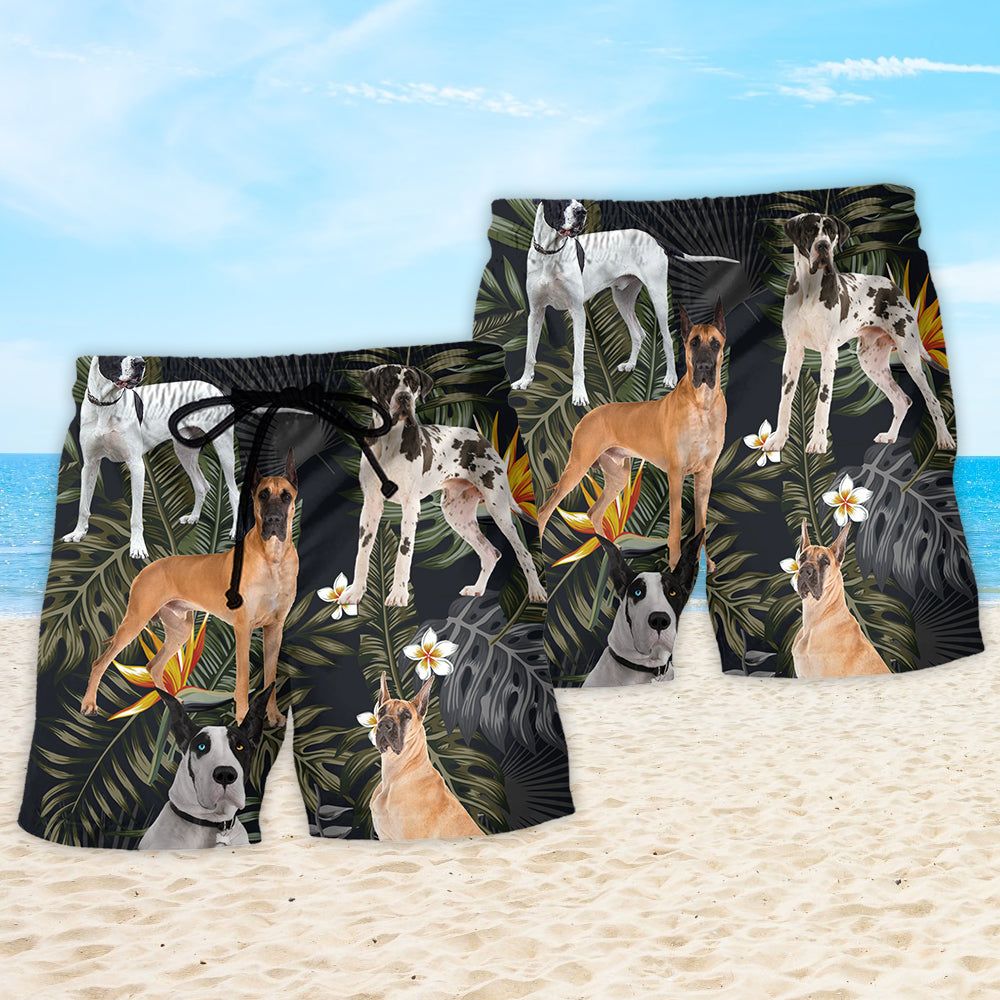 Great Dane Dog Tropical Leaf Trendy Aloha Hawaiian Beach Shorts