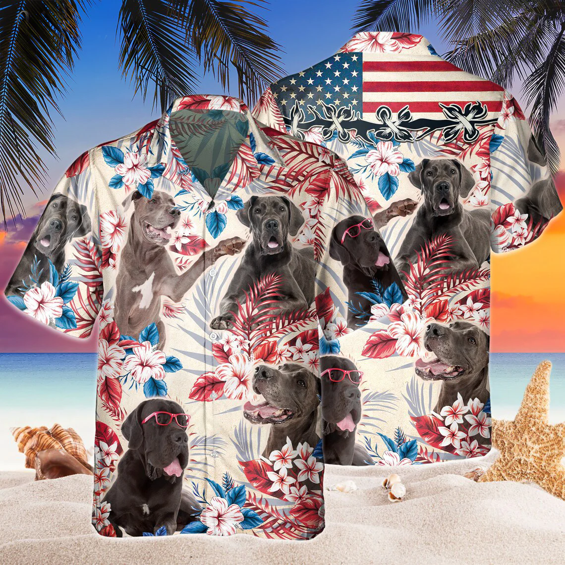 Great Dane Dog United States Flag Hawaiian Flowers All Over Printed 3D Hawaiian Shirt
