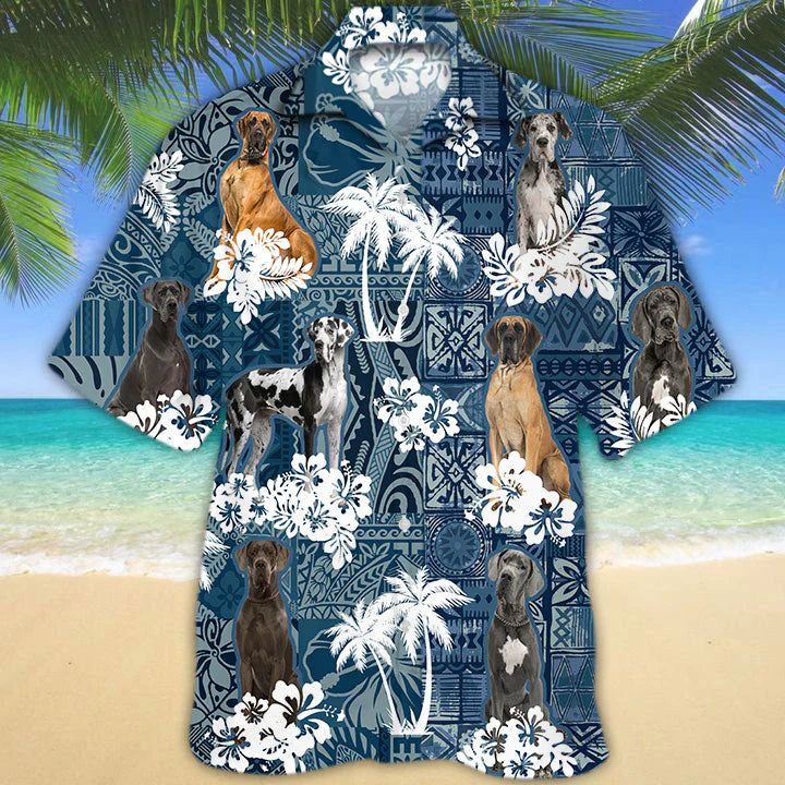 Great Dane Hawaiian Tropical Plants Pattern Blue And White All Over Printed 3D Trendy Hawaiian Shirt