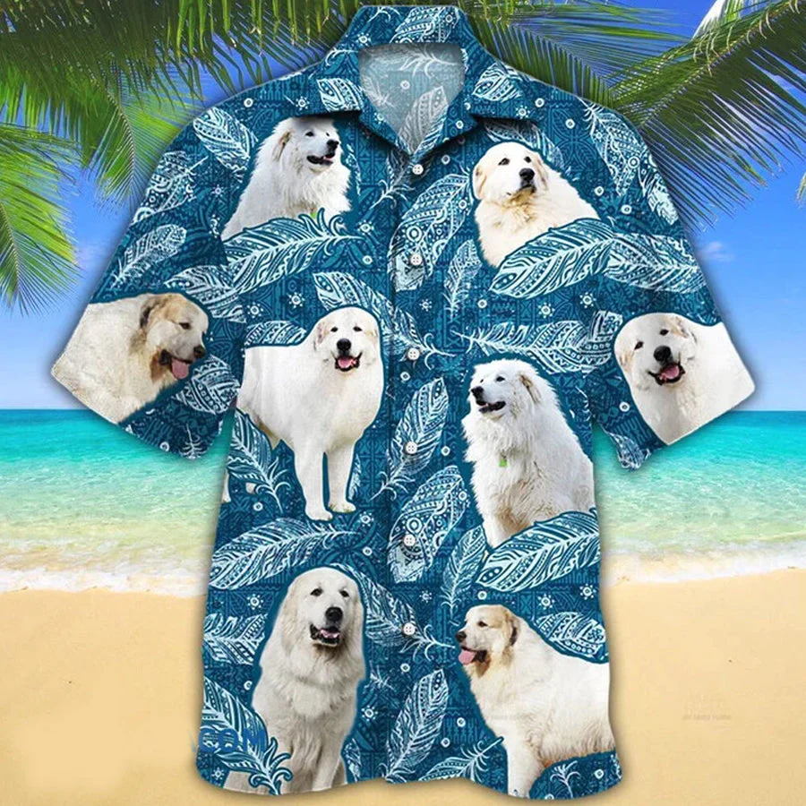 Great Pyrenees Dog Lovers Blue Feather Hawaii Trendy Hawaiian Shirt